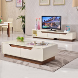 客厅简约电视柜可伸缩地柜烤漆钢化玻璃 木纹电视机柜茶几组合柜