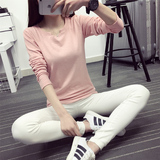 莱娜斯韩版女士短款上衣2016春装新款纯色圆领套头T恤长袖打底衫