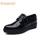 KISS CAT女鞋新款牛皮深口系带低跟单鞋漆皮尖头平底鞋DA75697-51