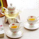 韩式陶瓷花茶壶茶杯套装 玻璃花茶具 过滤水果茶壶 蜡烛加热套装