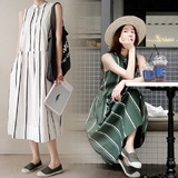 韩国代购2016夏装韩版明星同款显瘦条纹无袖雪纺连衣裙大码女装潮