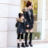 2015新款冬季韩版女童牛仔加绒外套长袖修身加厚中长款连帽牛仔衣