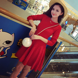 2016夏季新款女装韩国收腰修身显瘦气质短裙大红色针织短袖连衣裙