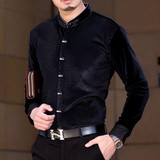 2015冬季新款高档金丝绒加绒加厚保暖衬衫男长袖中年韩版修身立领