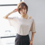 2016夏韩版性感纯色短袖上衣个性单肩条纹吊带露肩斜肩宽松T恤女