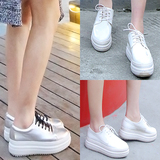 银色白色厚底鞋真皮松糕鞋高跟系带白鞋子漆皮欧美同款女鞋深口鞋