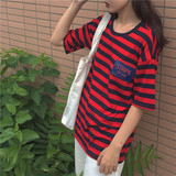 女装夏装2016新款条纹拼皮中长款打底上衣韩版休闲短袖t恤女学生