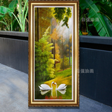 欧式纯手绘动物油画风景竖版天鹅湖客厅玄关别墅走廊过道装饰挂画