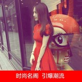 韩国代购SZ夏季新款针织显瘦A字裙红色短袖收腰大摆裙连衣裙女装