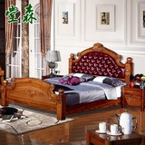 欧式全实木榆木床厚重款简约实木床雕花1.8/1.5米储物高箱双人床