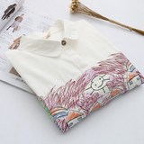 日系甜美简约版修身显瘦涂鸦刺绣中长款短袖衬衫女夏季衬衫裙