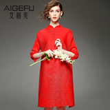 艾格芙欧美时尚女装春季新品旗袍领红色晚礼服A字大码优雅连衣裙