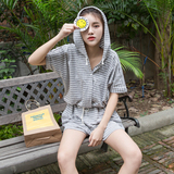 韩国ulzzang夏季女装宽松休闲条纹显瘦连帽连衣裤 学生运动短裤子