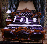 欧式床 主人房豪华实木雕花头层牛皮美式双人床大床2米皇冠紫色皮