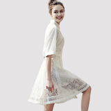 2016新款修身镂空白色蕾丝连衣裙短袖女中长款时尚宽松显瘦裙子夏