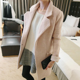 2105冬季韩版宽松西装领中长款毛呢外套女呢子衣藕粉色修身厚大衣