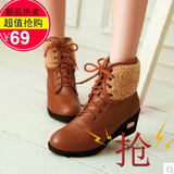 特促秋冬韩版休闲马丁靴平底坡跟纯色圆头系带中跟短靴女靴大码靴