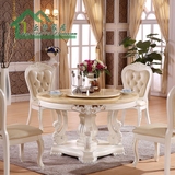 欧式大理石圆桌 餐桌椅组合 实木雕花白色餐台 描金旋转圆台促销