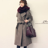 毛呢外套女2015冬装新款韩版中长款系带直筒羊绒大衣大码呢子大衣