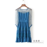 MF春秋装专柜正品品牌女装蓝色衣领蕾丝拼接收腰显瘦连衣裙 02203