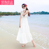 泰国海边渡假必备棉绸沙滩裙 纯色圆领无袖显瘦波大摆西米亚长裙