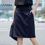 预售）Amii[极简主义]2016秋新款黑色包臀中裙竖条纹A字半身裙子