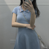 夏季新款韩版复古海军风中长款纯色针织短袖连衣裙女学生裙子短裙