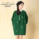 花园派对 2015秋装新款韩版女装圆领中长款女士刺绣毛呢大衣外套