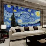 欧式油画沙发壁纸 卧室床头背景墙 艺术手绘大型壁画梵高星空
