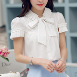 蕾可妮斯2016春夏装新款韩版时尚甜美蝴蝶结短袖衬衣女士雪纺衬衫