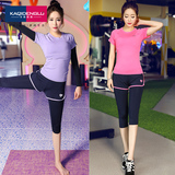 夏季韩国瑜伽服假两件紧身短袖速干透气七分裤健身跑步运动套装女