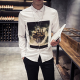 EAST秋季韩版男士长袖衬衫发型师青年印花衬衣时尚修身薄款图案男