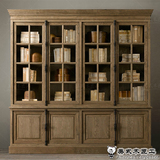 特价美式乡村实木做旧书柜 复古储物柜 欧式简约橡木雕花四门书架