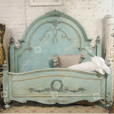 古董家具地中海出口卡洛琳法国实木床仿古雕花双人床 美式水洗蓝