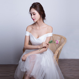 韩或2016春季新款白色伴娘服短款小性感一字肩伴娘礼服蓬蓬裙简约