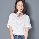 2016韩版新款夏天V领镂空打底衫蝙蝠袖宽松纯色雪纺衫百搭小衫