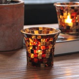 欧式咖橙色方块马赛克玻璃烛台浪漫烛光晚餐酒吧装饰摆件送蜡烛