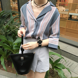 韩国夏装新款撞色条纹七分袖西装领衬衫 百搭学生上衣女衬衣外套