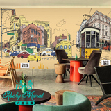 工装城市手绘大型壁画 餐厅客厅电视背景墙纸 3D立体个性街景壁纸