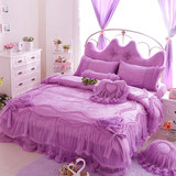 全棉韩式四件套紫色公主蕾丝床上用品纯棉床裙结婚庆床品婚礼家纺
