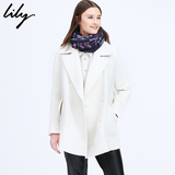 Lily2015冬新款女装交叉领纯色口袋羊毛毛呢大衣外套115340F1115