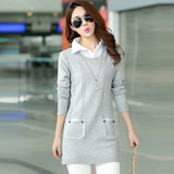 秋季韩版衬衫领中长款大码显瘦假两件打底衫套头长袖毛衣针织衫女