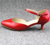 2015夏季新品尖头红色漆皮凉鞋 细跟中跟真皮女鞋婚鞋新娘鞋单鞋