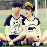 情侣装夏装2016新款春装韩国学生男女猫吃鱼半袖体恤情侣短袖T恤