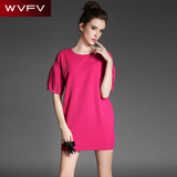 WVFV欧洲站2016夏装女装 新款清新优雅玫红色灯笼短袖圆领连衣裙