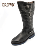 CROWN皇冠冬季新款英伦头层牛皮男士高筒靴骑士长靴马靴加绒棉靴
