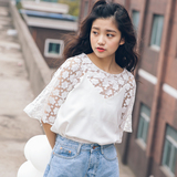 2016夏季韩版喇叭中袖镂空蕾丝短款甜美小衫宽松百搭上衣两件套潮