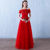 敬酒服短款2016新款一字肩中袖红色新娘结婚礼服长款晚礼服连衣裙