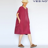 yesno原创设计2016夏季新款超宽松文艺v领铜氨丝连衣裙长裙袍