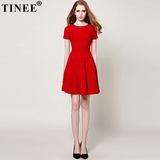 Tinee明星同款收腰显瘦红色针织连衣裙 夏装短袖小红裙公主裙修身